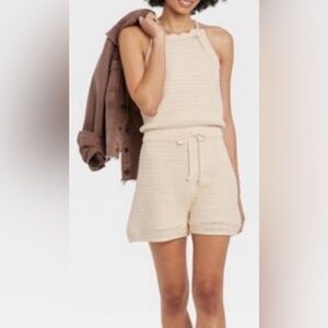 Universal Thread Crochet Knit Sleeveless Shortie Romper, Cream, sz XS